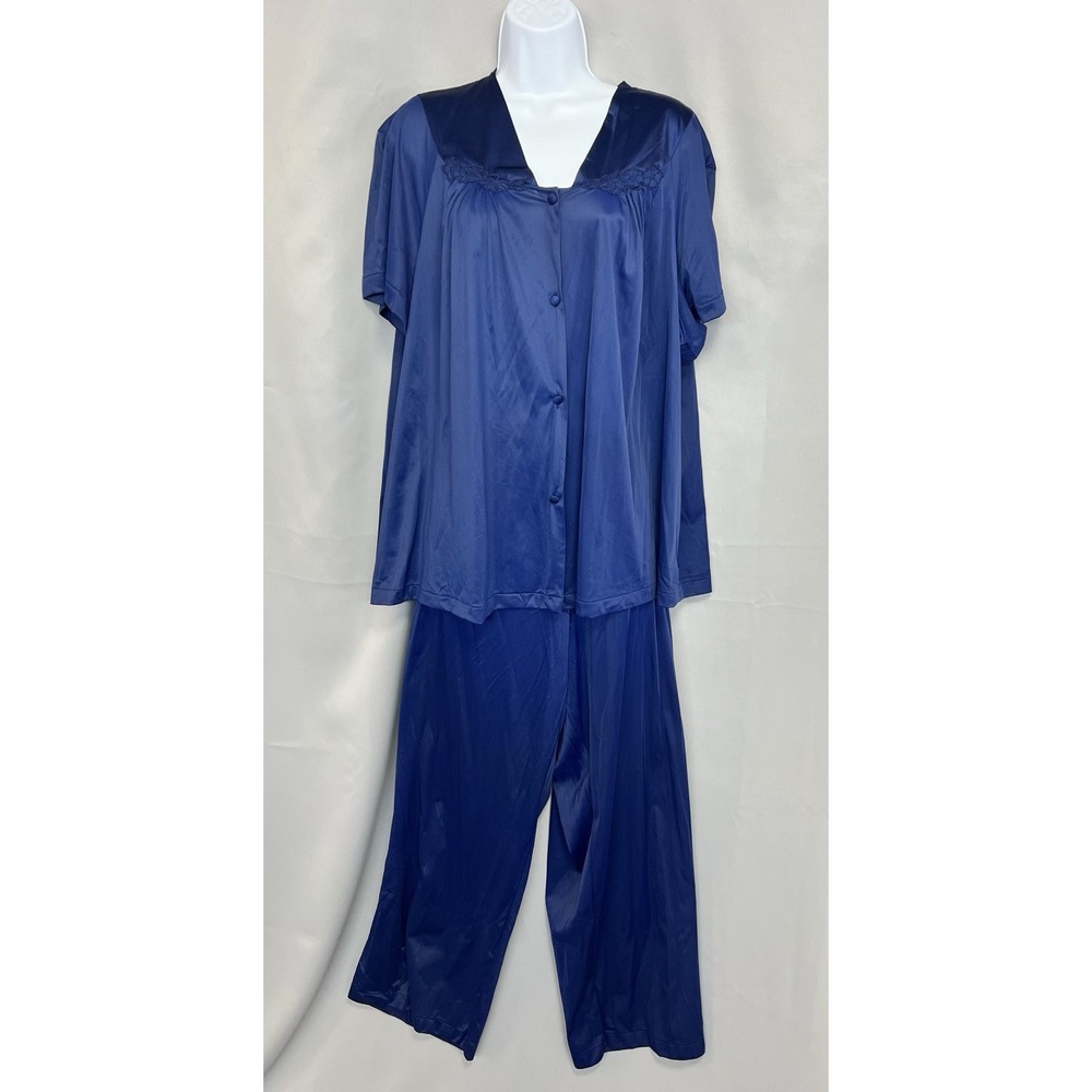 Vintage Vanity Fair Sleep Set Navy Blue XXL Nylon Silky Button Top Pants Y2K